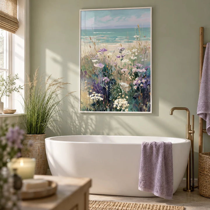 Wildflower Beach Print, framed on the wall of a calm bathroom with a pale sage green wall