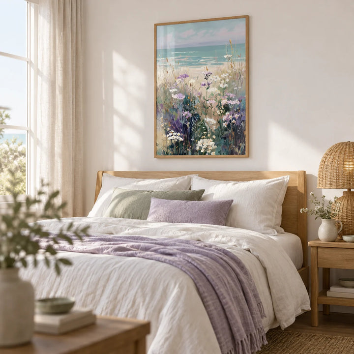 Wildflower Beach Print, framed on the wall of a calm coastal bedroom with a white wall