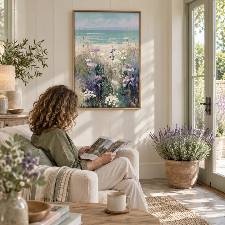 Wildflower Beach Print, framed on the wall of a light garden room with glass doors in a living room