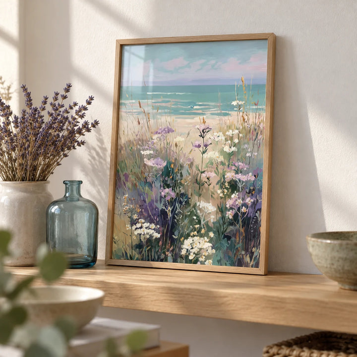 Wildflower Beach Print, a small A4 framed print leaning on an oak shelf in a living room