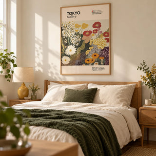 Wildflower Wall Art, framed on the wall of a calm contemporary bedroom in a UK home with a pale cream wall