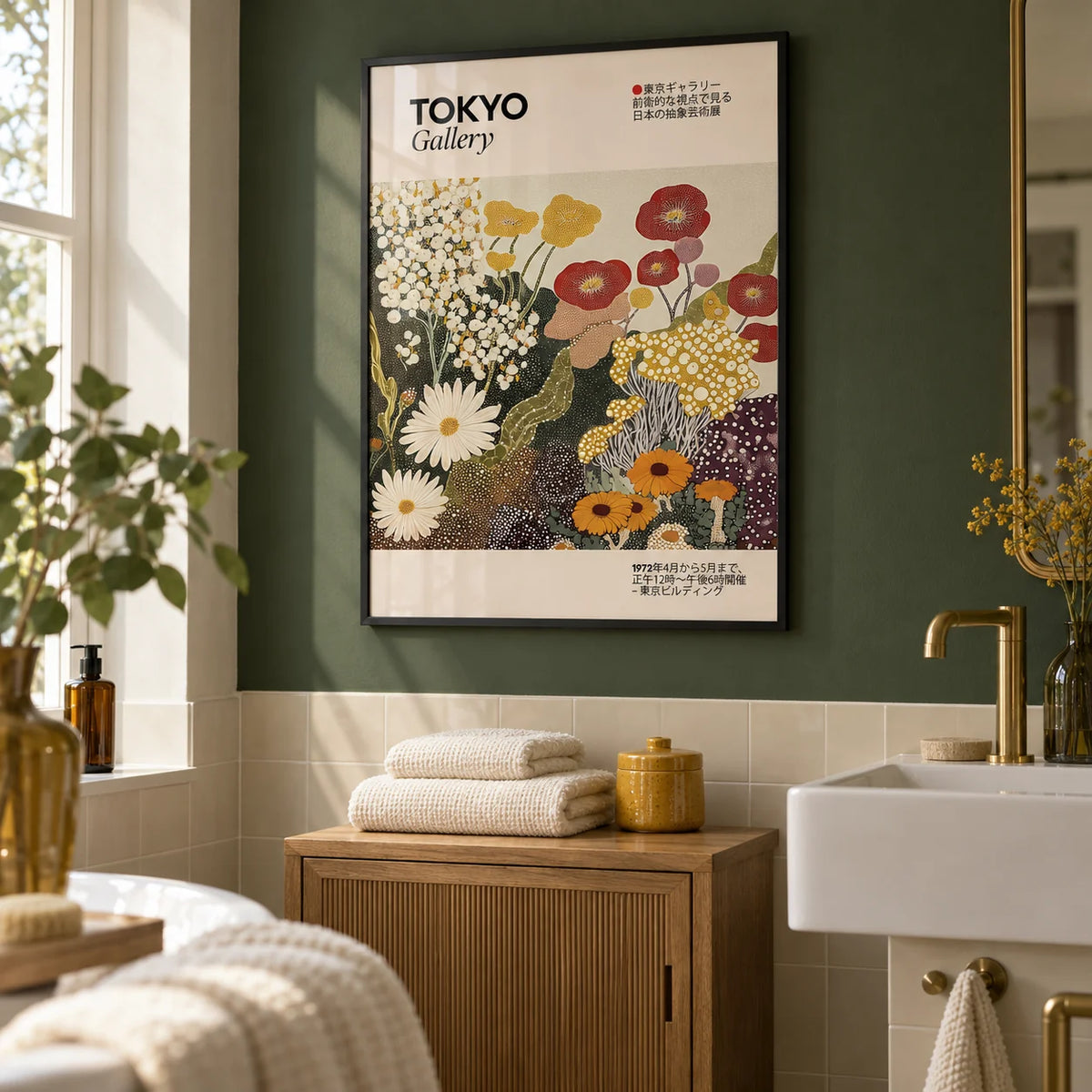 Wildflower Wall Art, framed on the wall of a contemporary bathroom in a UK terrace with a dry forest green painted wall and plain cream tiles