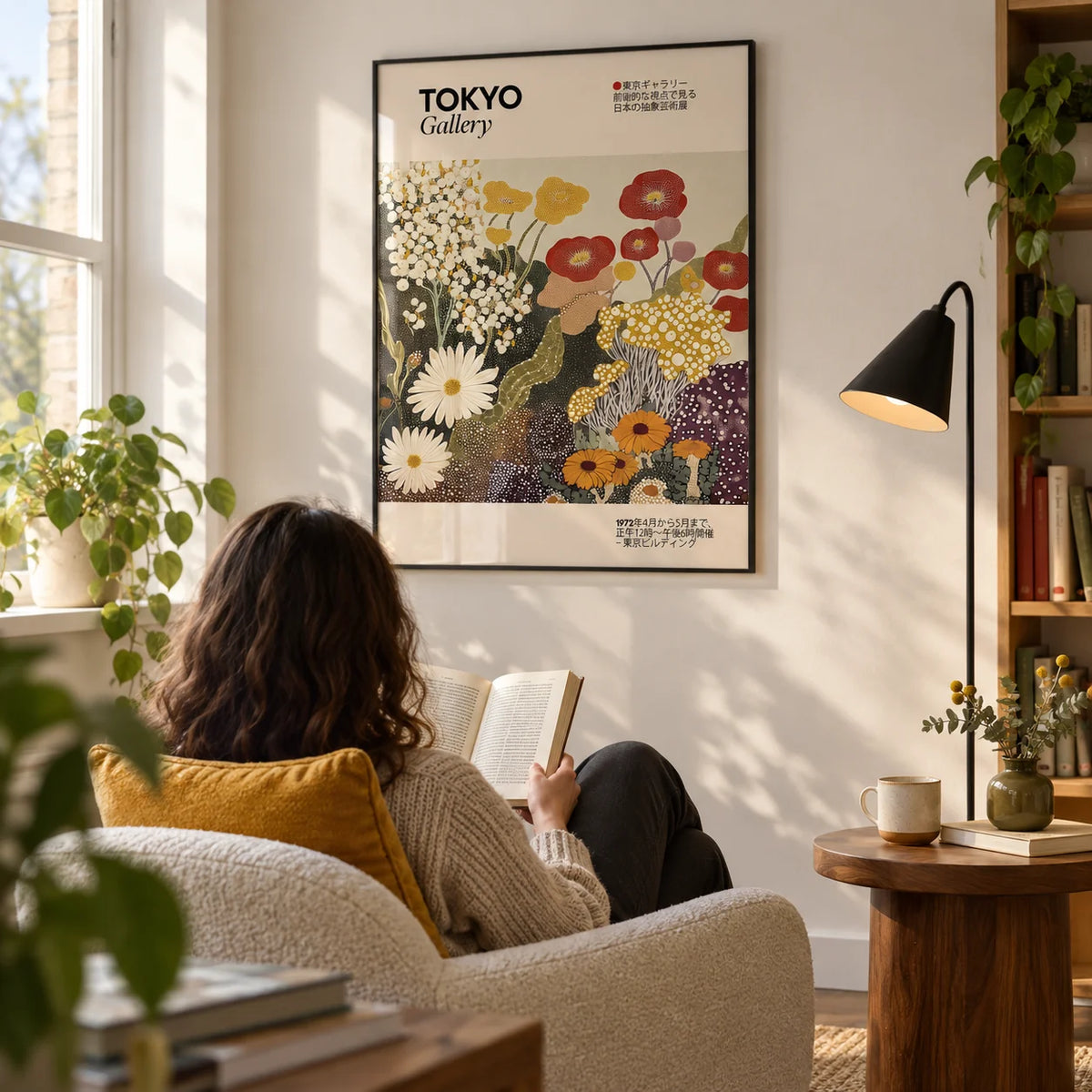 Wildflower Wall Art, framed on the wall of a modern reading corner in a UK flat with a warm white wall in a living room