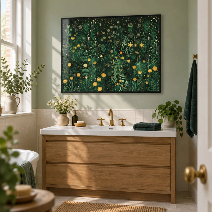 Wildflower Wall Art, framed on the wall of a bright bathroom in a renovated UK terrace with pale sage painted walls above plain cream tiles
