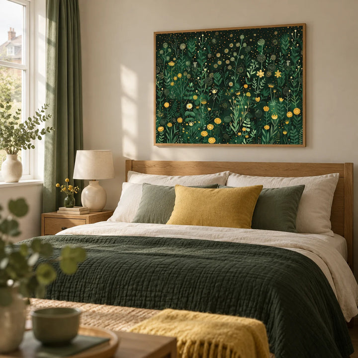 Wildflower Wall Art, framed on the wall of a calm main bedroom in a UK semi-detached home with warm off-white walls