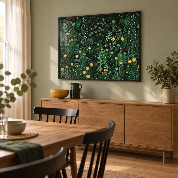 Wildflower Wall Art, framed on the wall of a modern dining room in a UK garden flat with a pale sage wall and a simple oak floor