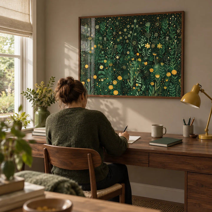 Wildflower Wall Art, framed on the wall of a quiet garden-facing study in a UK home with a warm grey wall