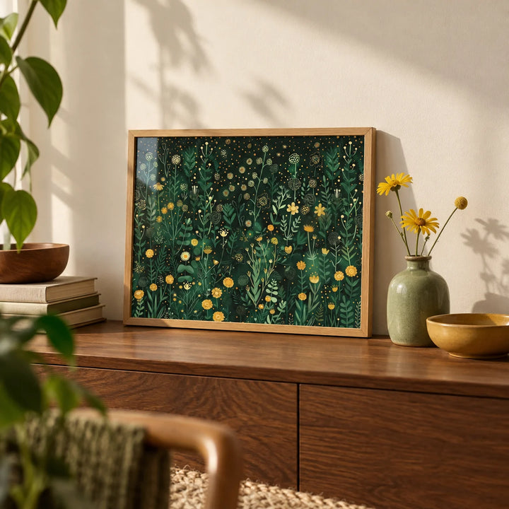 Wildflower Wall Art, a small A4 framed print leaning on a walnut sideboard in a living room