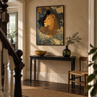 Wildlife Art Print, framed on the wall of a characterful hallway in a renovated Victorian terrace with warm stone plaster walls and dark timber floorboards