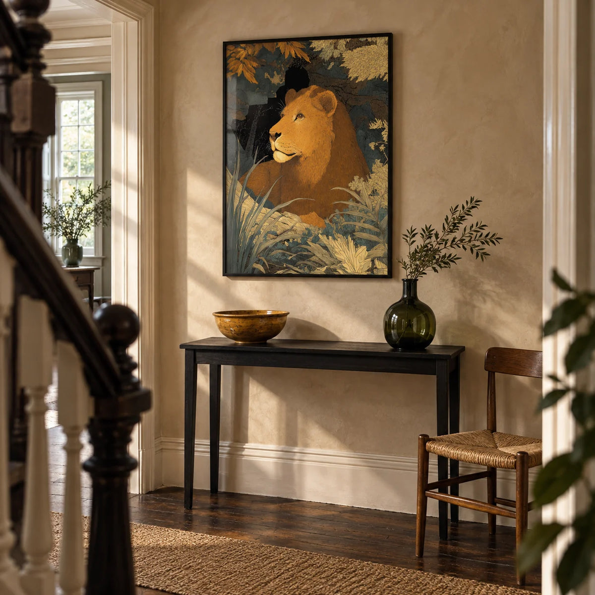 Wildlife Art Print, framed on the wall of a characterful hallway in a renovated Victorian terrace with warm stone plaster walls and dark timber floorboards