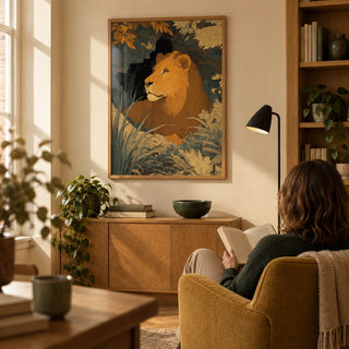 Wildlife Art Print, framed on the wall of a quiet home study in a UK flat with a warm cream wall and built-in oak shelving to one side