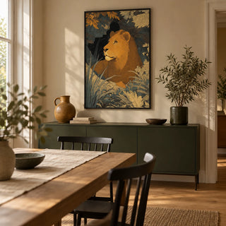 Wildlife Art Print, framed on the wall of a relaxed modern dining room in a UK townhouse with sandy beige walls and a plain oak floor