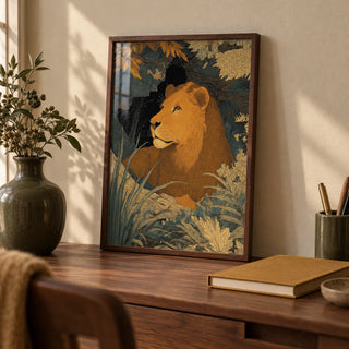 Wildlife Art Print, a small A4 framed print leaning on a walnut writing desk