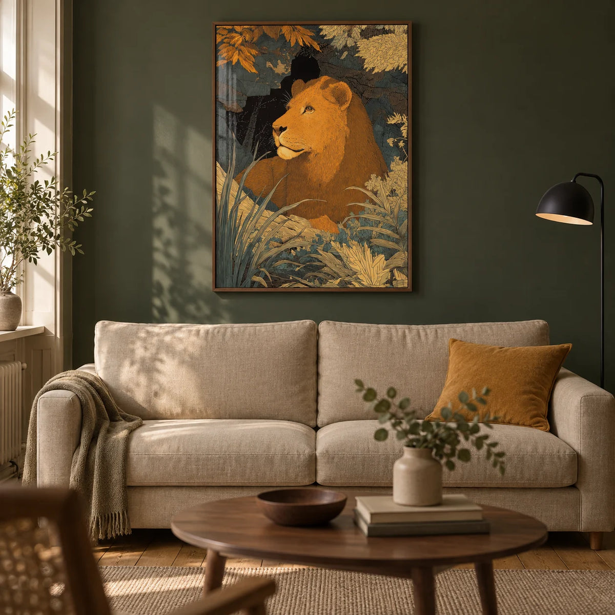 Wildlife Art Print, framed on the wall of a warm contemporary living room in a UK terraced house with muted dark green walls and oak floorboards