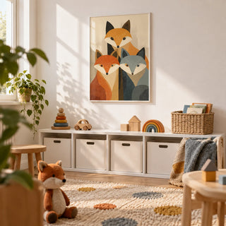 Wildlife Fox Art Print, framed on the wall of a bright playroom with a white wall