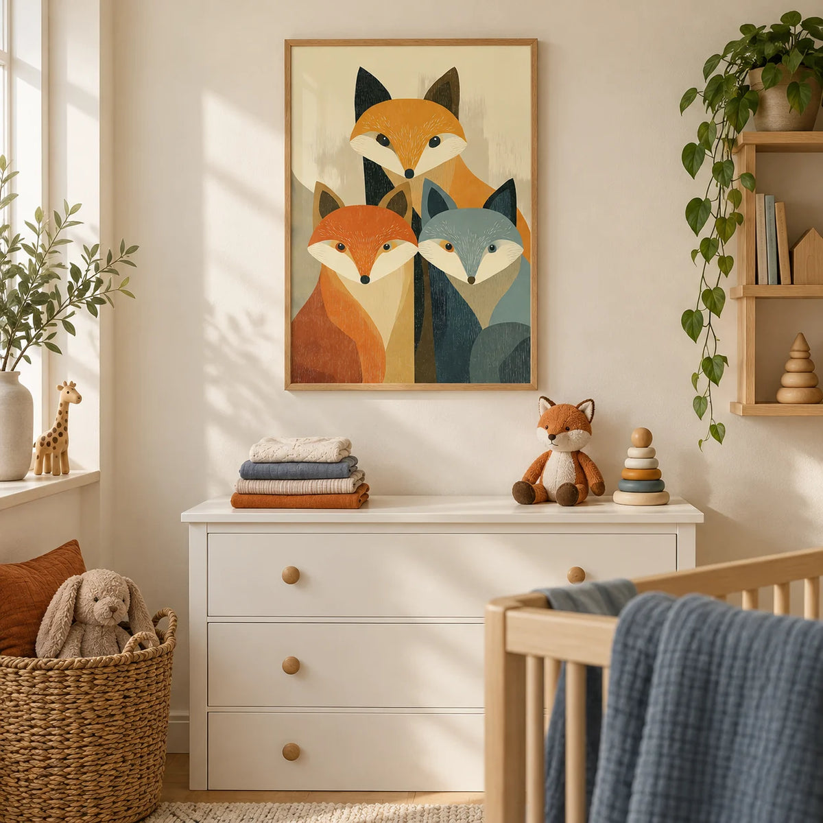Wildlife Fox Art Print, framed on the wall of a calm woodland nursery with a soft cream wall