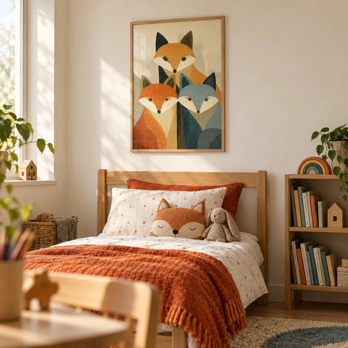 Wildlife Fox Art Print, framed on the wall of a child's bedroom (4-9) with a warm white wall