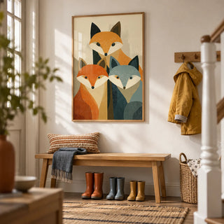 Wildlife Fox Art Print, framed on the wall of a family hallway with a soft white wall