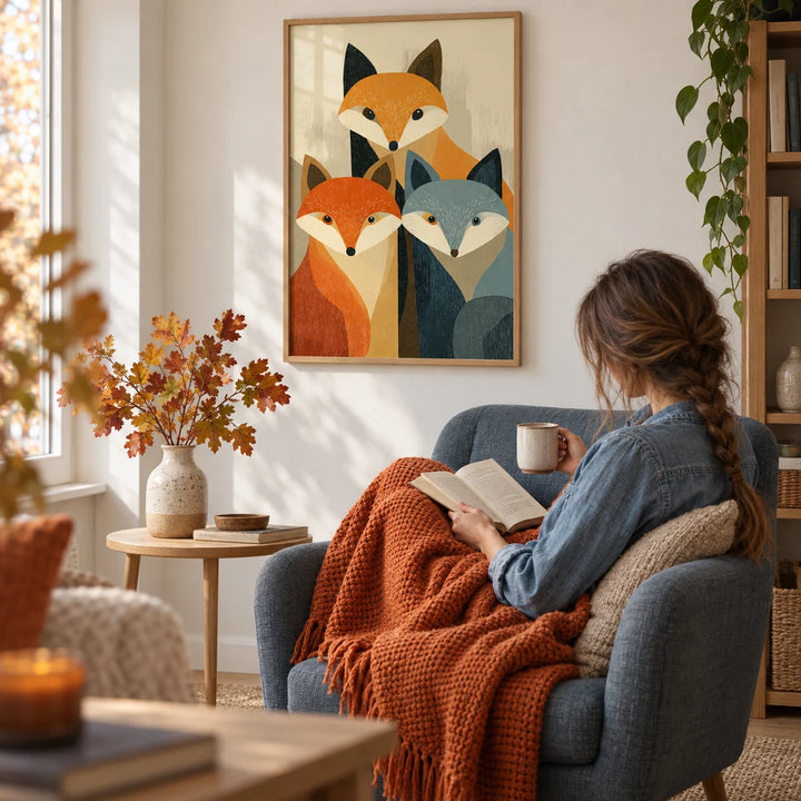 Wildlife Fox Art Print, framed on the wall of a Scandinavian living room with a white wall