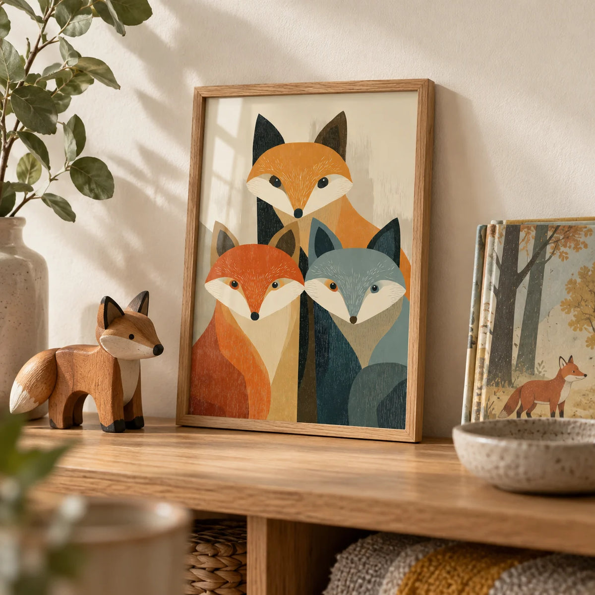 Wildlife Fox Art Print, a small A4 framed print leaning on an oak shelf in a living room