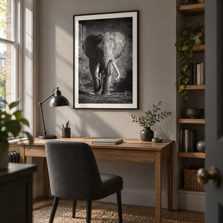 Wildlife Photography Art, framed on the wall of a compact home study in a Victorian terrace with a soft grey wall and fitted oak shelves on the adjacent wall