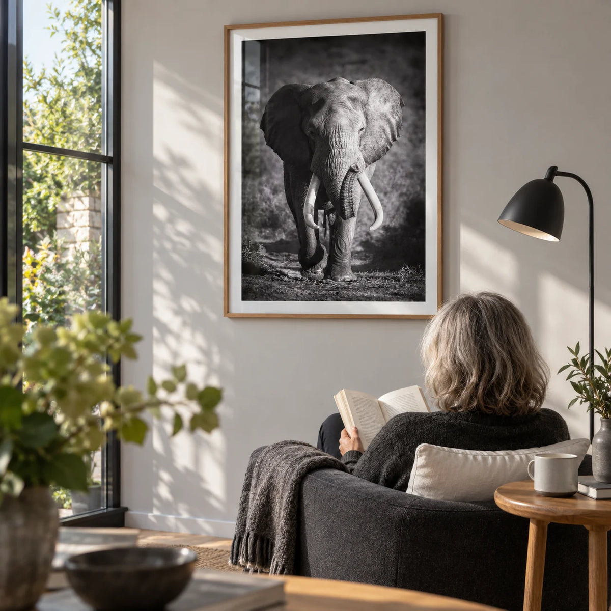 Wildlife Photography Art, framed on the wall of a light-filled reading corner beside a garden window in a mature couple's UK home in a living room