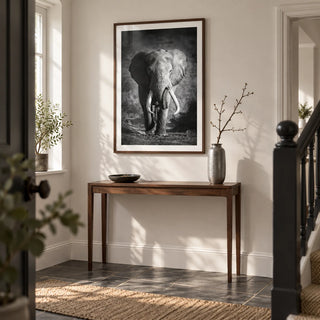Wildlife Photography Art, framed on the wall of a welcoming hallway in a renovated UK semi-detached home with white plaster walls and a dark stone floor