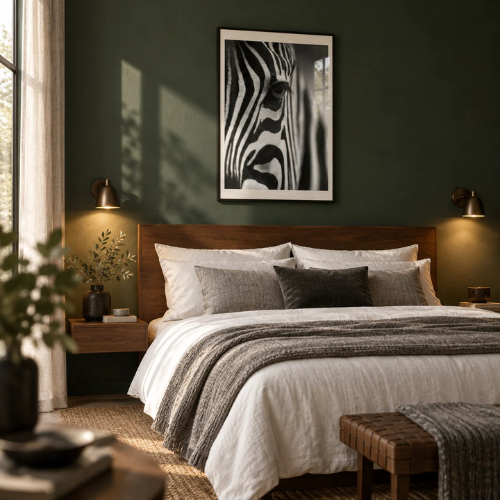 Wildlife Photography Poster, framed on the wall of a boutique-hotel style bedroom with a dark green wall