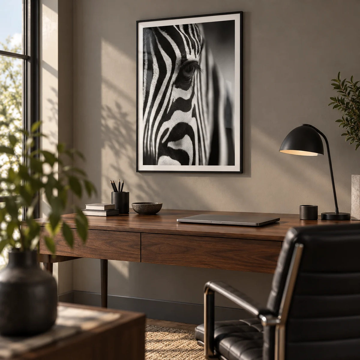Wildlife Photography Poster, framed on the wall of a modern home office with a warm grey wall