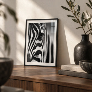 Wildlife Photography Poster, a small A4 framed print leaning on a walnut shelf in a living room
