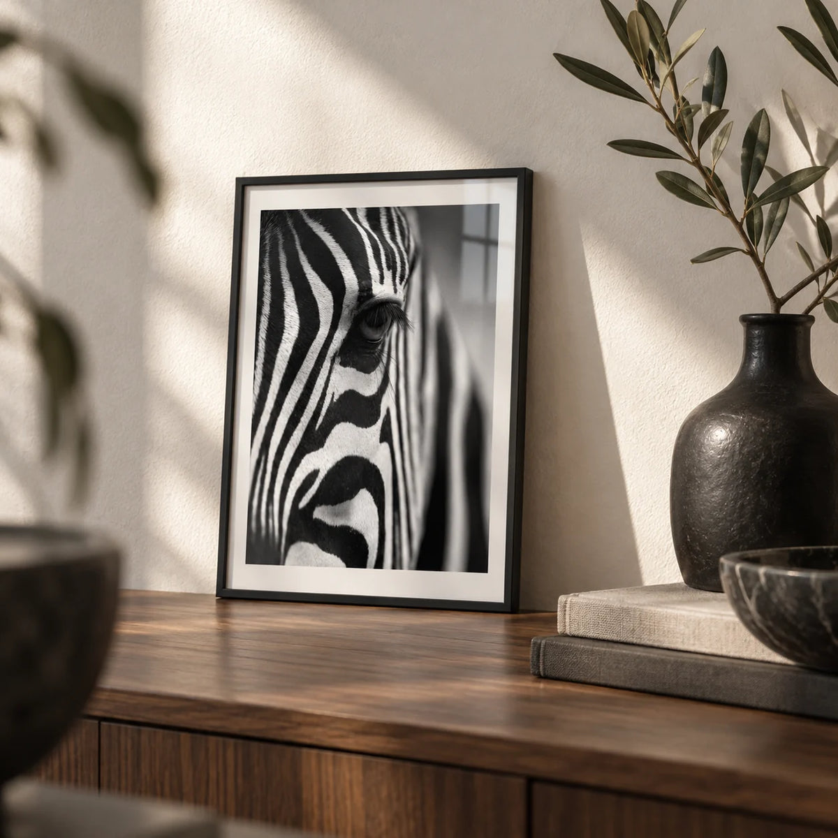 Wildlife Photography Poster, a small A4 framed print leaning on a walnut shelf in a living room