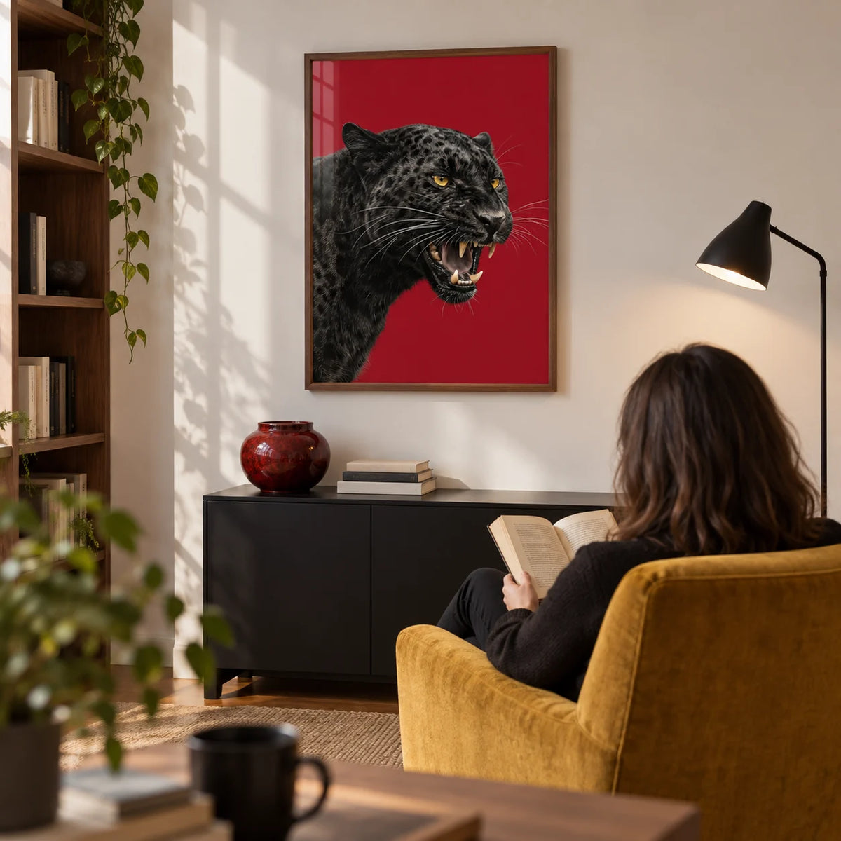 Wildlife Wall Art, framed on the wall of a compact home study in a modern UK flat with a chalk white wall and walnut shelving