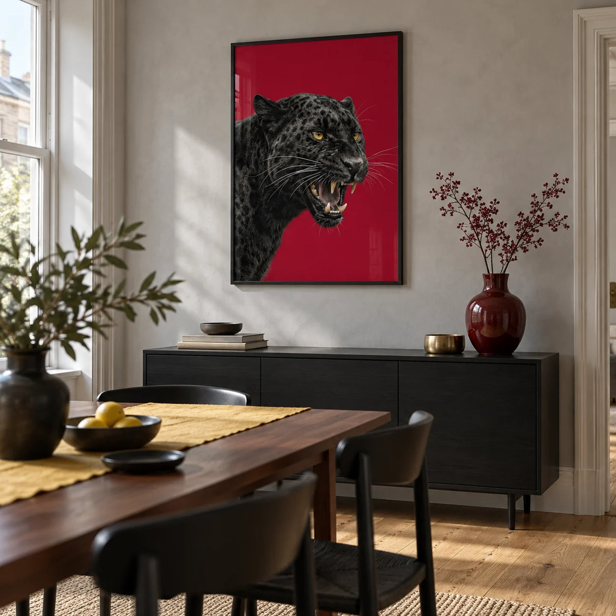 Wildlife Wall Art, framed on the wall of a contemporary dining room in a UK townhouse with a pale grey plaster wall and an oak floor
