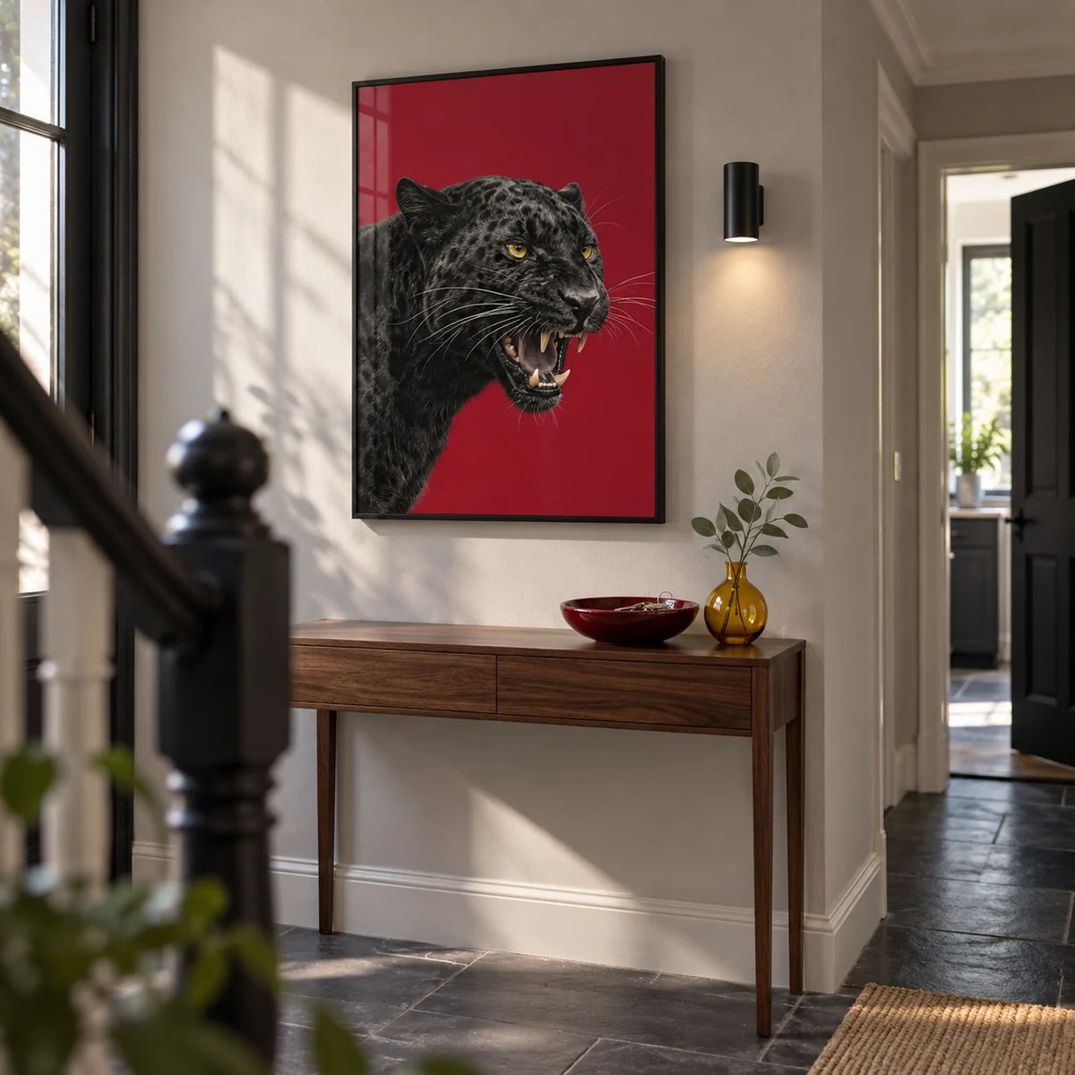 Wildlife Wall Art, framed on the wall of a crisp hallway in a renovated UK terrace with pale grey walls and a dark stone floor