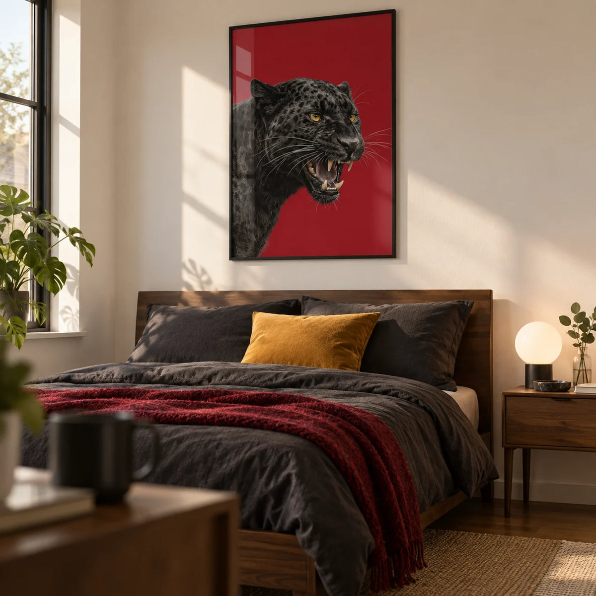 Wildlife Wall Art, framed on the wall of a modern bedroom in a young adult's first UK flat (22-30) with a warm white wall