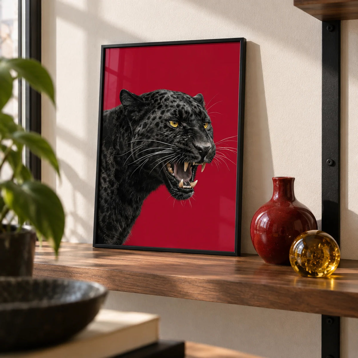 Wildlife Wall Art, a small A4 framed print leaning on a walnut shelf in a living room