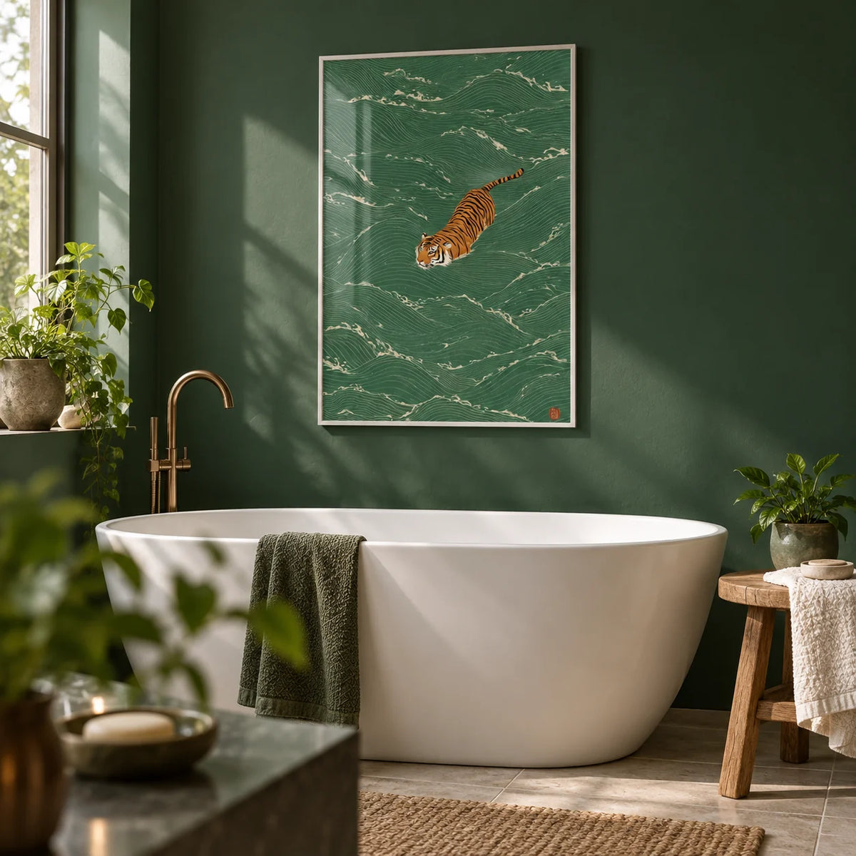 Wildlife Wall Decor, framed on the wall of a calm bathroom with a deep green painted wall