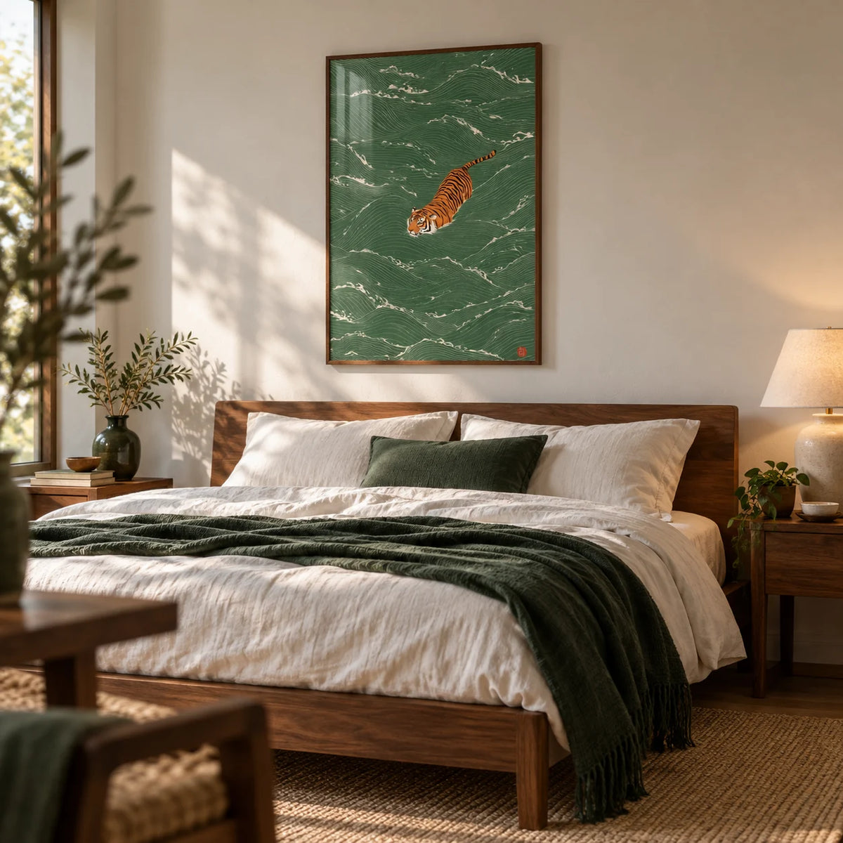 Wildlife Wall Decor, framed on the wall of a calm bedroom