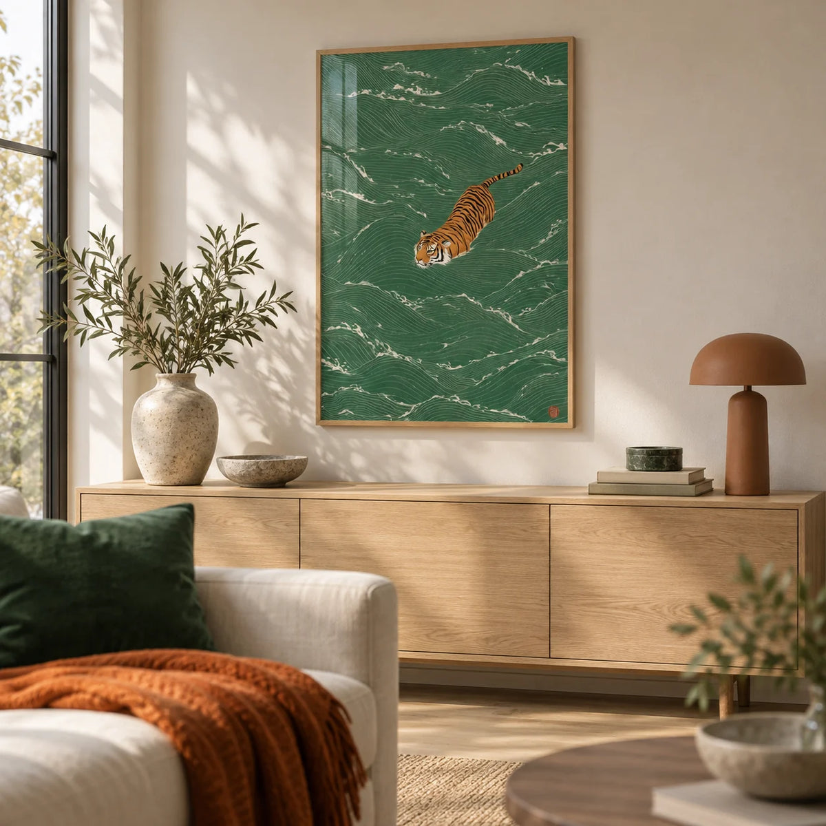 Wildlife Wall Decor, framed on the wall of a calm living room