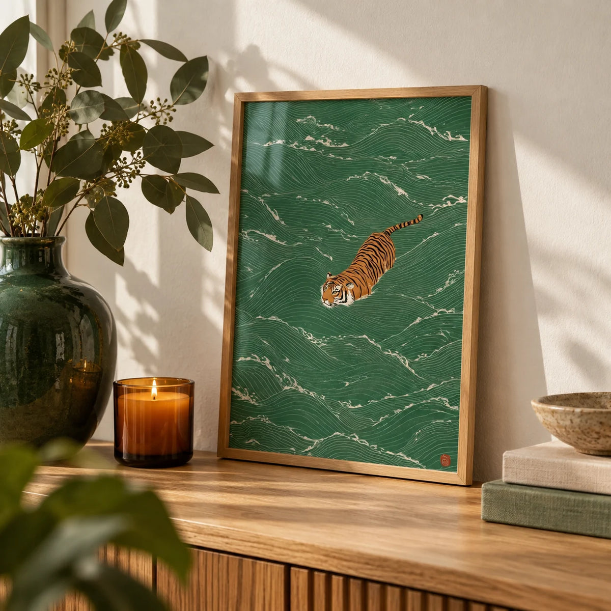 Wildlife Wall Decor, a small A4 framed print leaning on an oak shelf in a living room