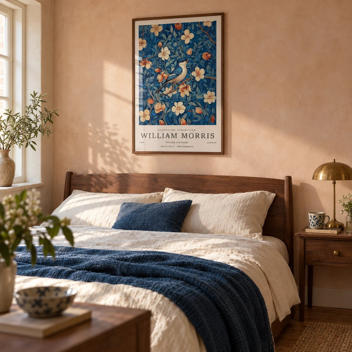 William Morris Art Print, framed on the wall of a calm cottage bedroom with a soft peach limewashed wall