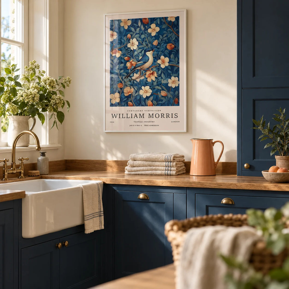 William Morris Art Print, framed on the wall of a cream laundry room with deep blue painted cabinets in a kitchen