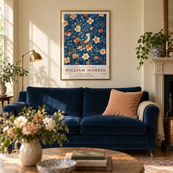 William Morris Art Print, framed on the wall of a period sitting room with a warm cream plaster wall and a painted fireplace in a living room