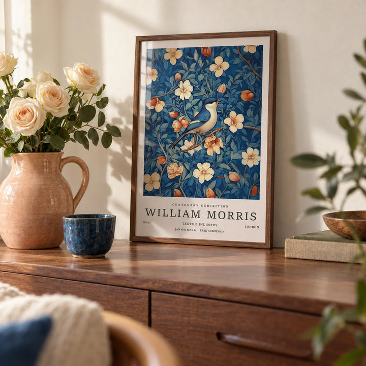 William Morris Art Print, a small A4 framed print leaning on a walnut dresser shelf in a living room