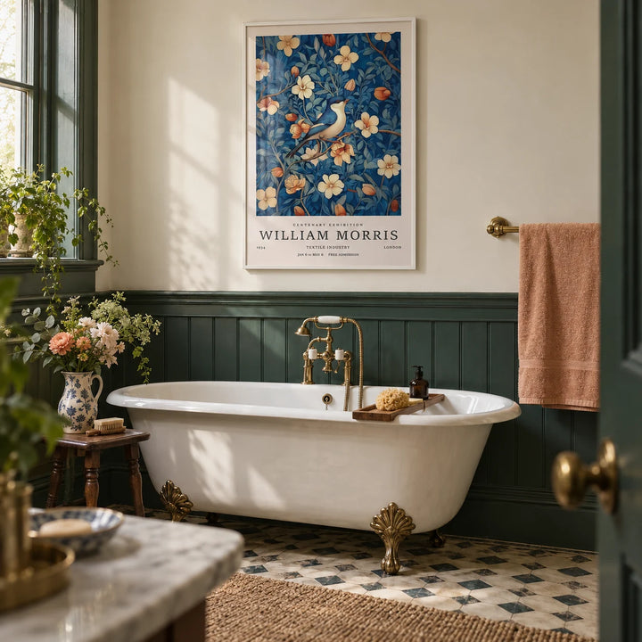 William Morris Art Print, framed on the wall of a Victorian bathroom with deep green painted wooden panelling and a cream wall above