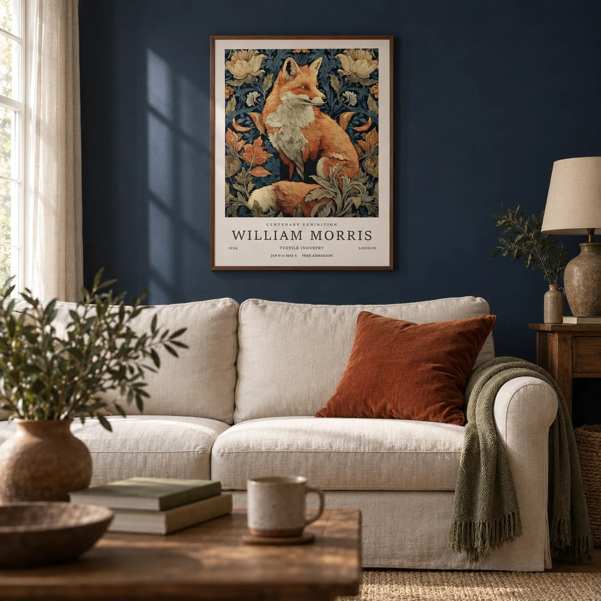 William Morris Fox Print, framed on the wall of a cosy cottage living room with a navy painted wall