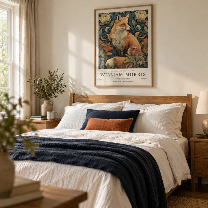 William Morris Fox Print, framed on the wall of a cosy country bedroom with a soft cream wall