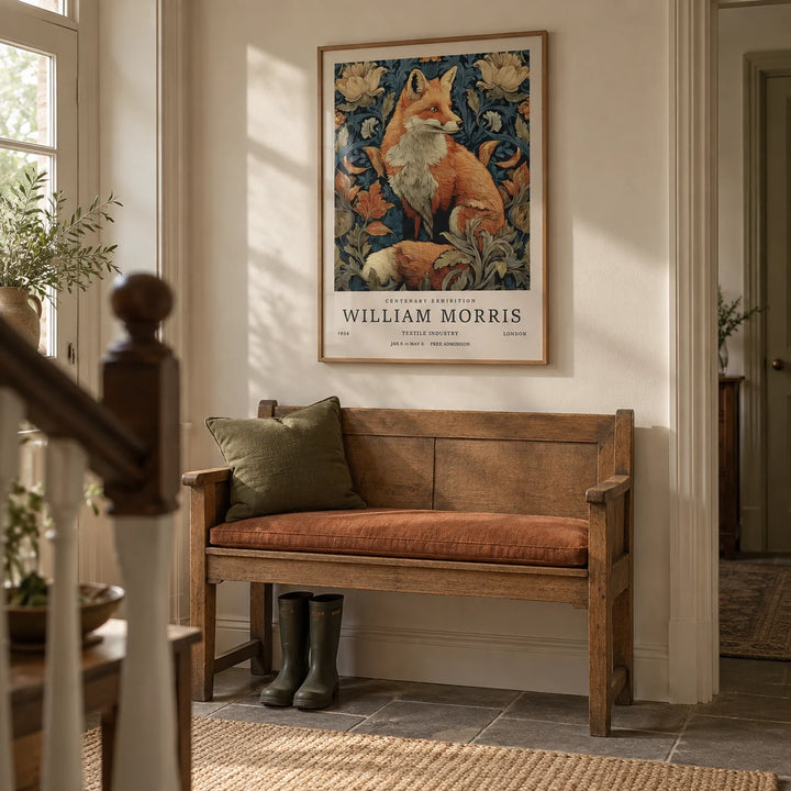 William Morris Fox Print, framed on the wall of a period hallway with a cream wall