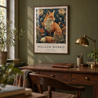 William Morris Fox Print, framed on the wall of a quiet study with an olive green wall