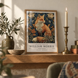 William Morris Fox Print, a small A4 framed print leaning on an oak mantel shelf in a living room